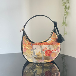 帯リメイクバッグ 本金箔24金 色紙に華文様 Mサイズ 和装バッグ