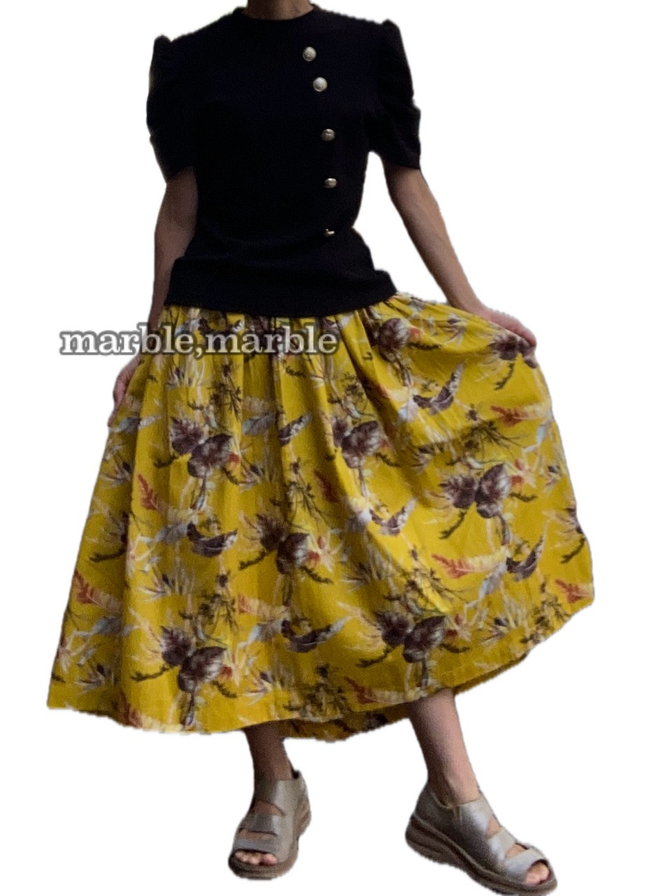 植物　鳥　鳥柄スカート　スカート　大人スカート　ギャザースカート　マスタード　葉　森林　ジャングル gergana.siteforgestudio.com