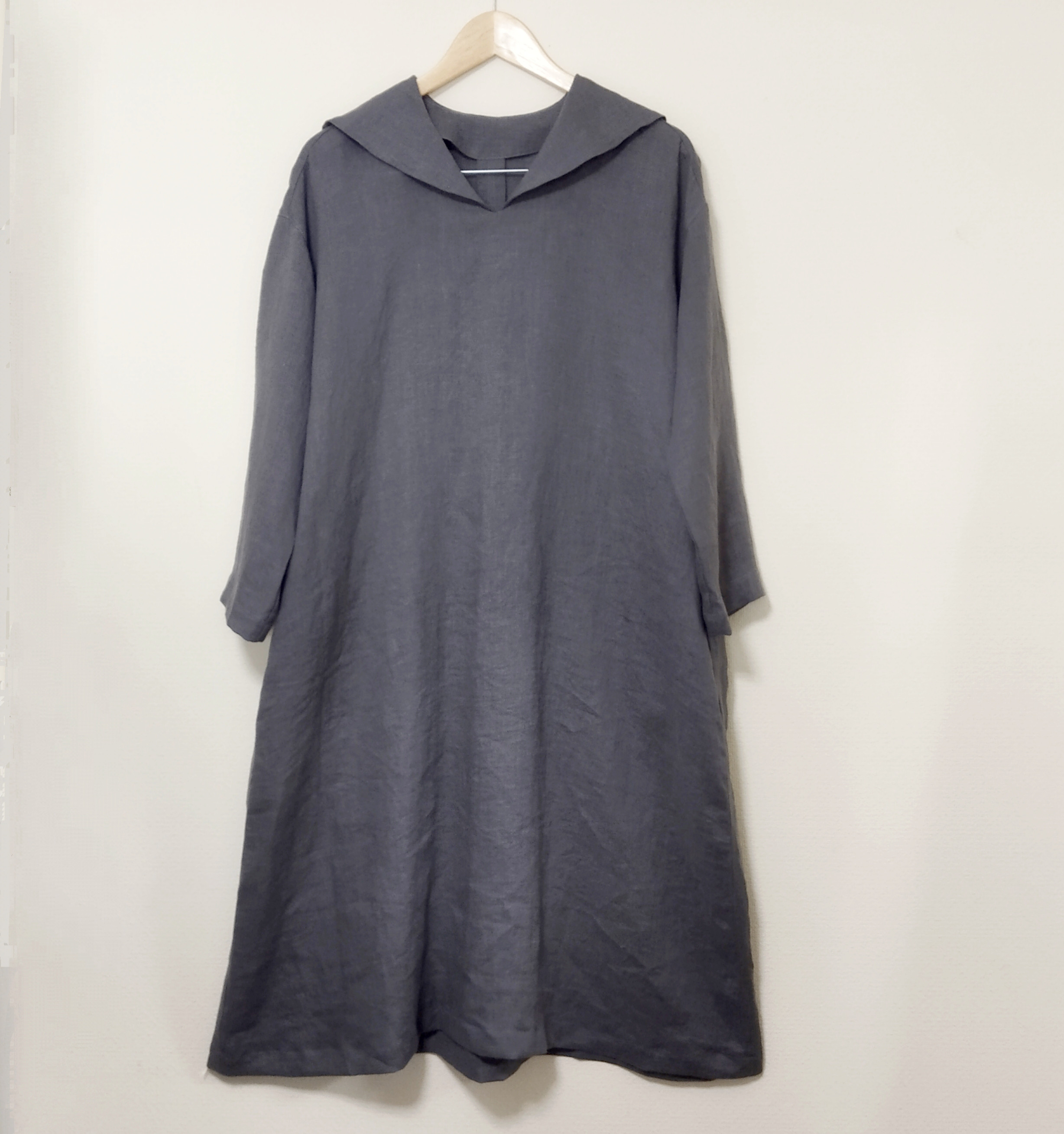 【ふんわりリネン100%】春口からの長袖の大人セーラーカラーワンピース