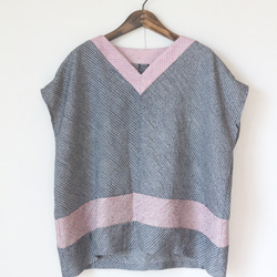 着物リメイク 花に井桁浴衣ハイネックバルーンスリーブブラウス