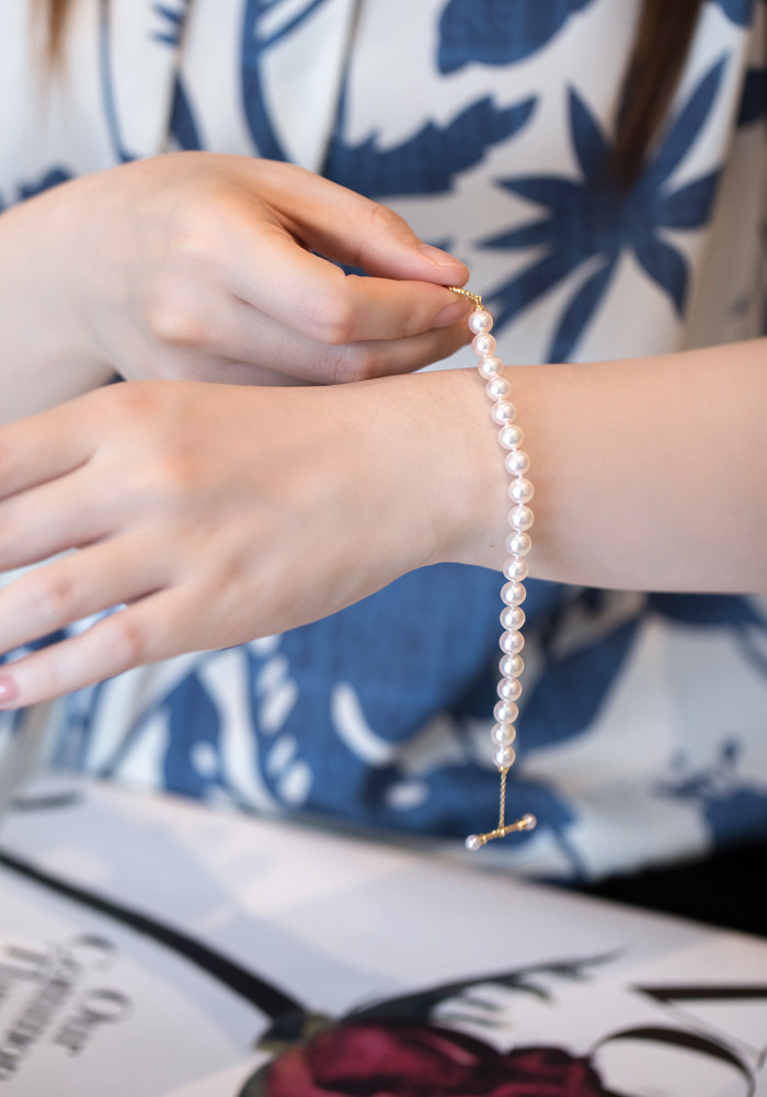 ルミナ18Kゴールドクラスプデザイン6.5-7mm日本製アコヤ高品質天然海水真珠ブレスレット、エレガントで絶妙、多用途のギフト