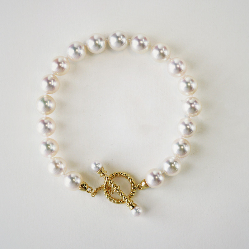 ルミナ18Kゴールドクラスプデザイン6.5-7mm日本製アコヤ高品質天然海水真珠ブレスレット、エレガントで絶妙、多用途のギフト
