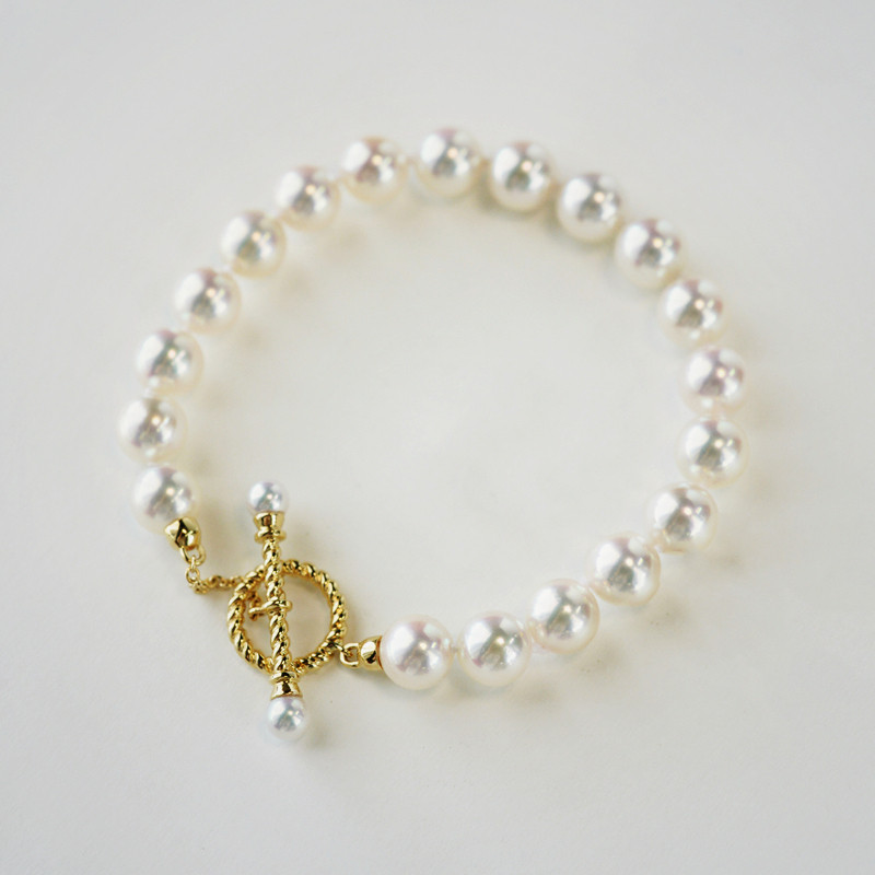 ルミナ18Kゴールドクラスプデザイン6.5-7mm日本製アコヤ高品質天然海水真珠ブレスレット、エレガントで絶妙、多用途のギフト