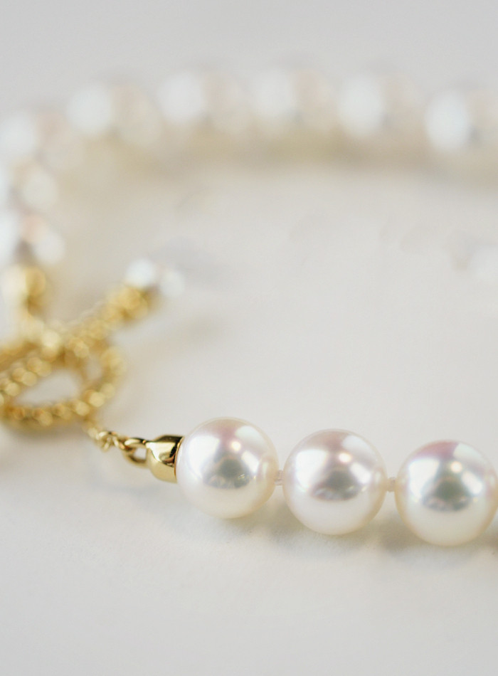 ルミナ18Kゴールドクラスプデザイン6.5-7mm日本製アコヤ高品質天然海水真珠ブレスレット、エレガントで絶妙、多用途のギフト