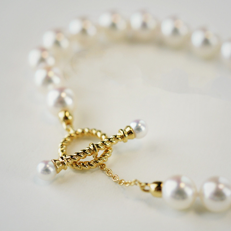 ルミナ18Kゴールドクラスプデザイン6.5-7mm日本製アコヤ高品質天然海水真珠ブレスレット、エレガントで絶妙、多用途のギフト