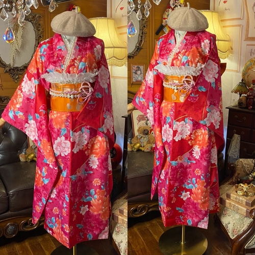 振袖 着物 ロングワンピース ドレス 2部式ローズ/バラ作り帯 リメイク