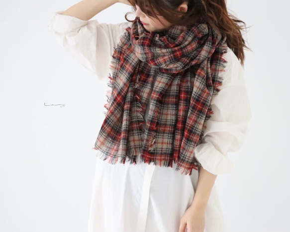 先染め洗いをかけたウールガーゼストール／クラシカルなタータン