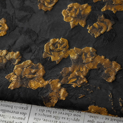長さ1m ジャガード生地 ゴールド薔薇 黒 浮彫 韓国風 綺麗上品 布 ぬの