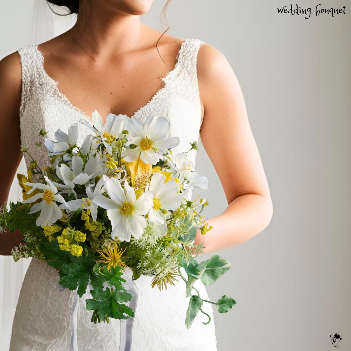 コスモス ナチュラル ウェディングブーケ 上質  造花ブーケ 白 ラウンド ブートニアセット シンプル 爽やか 送料無料