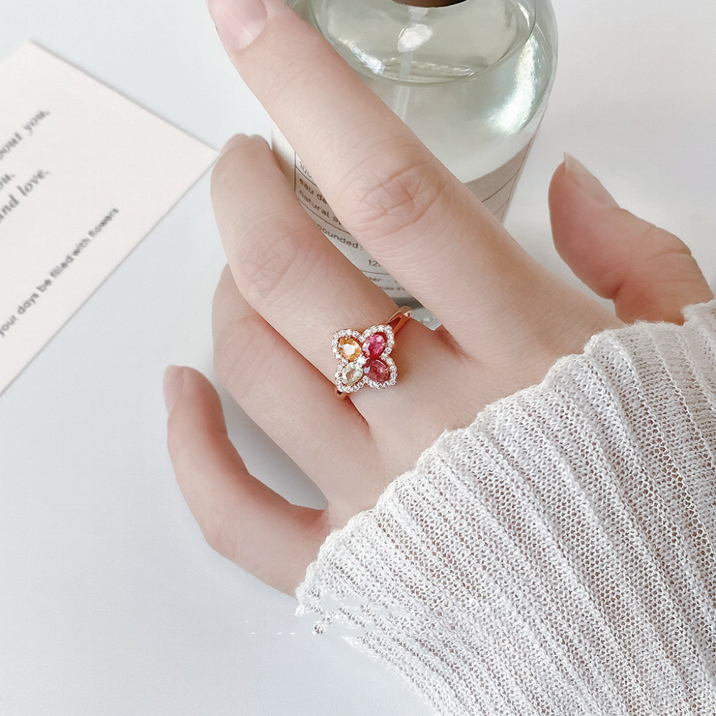 シルバー925  カラフル　　四つ葉のクローバー リング　ピンクゴールド　金属アレルギー対応