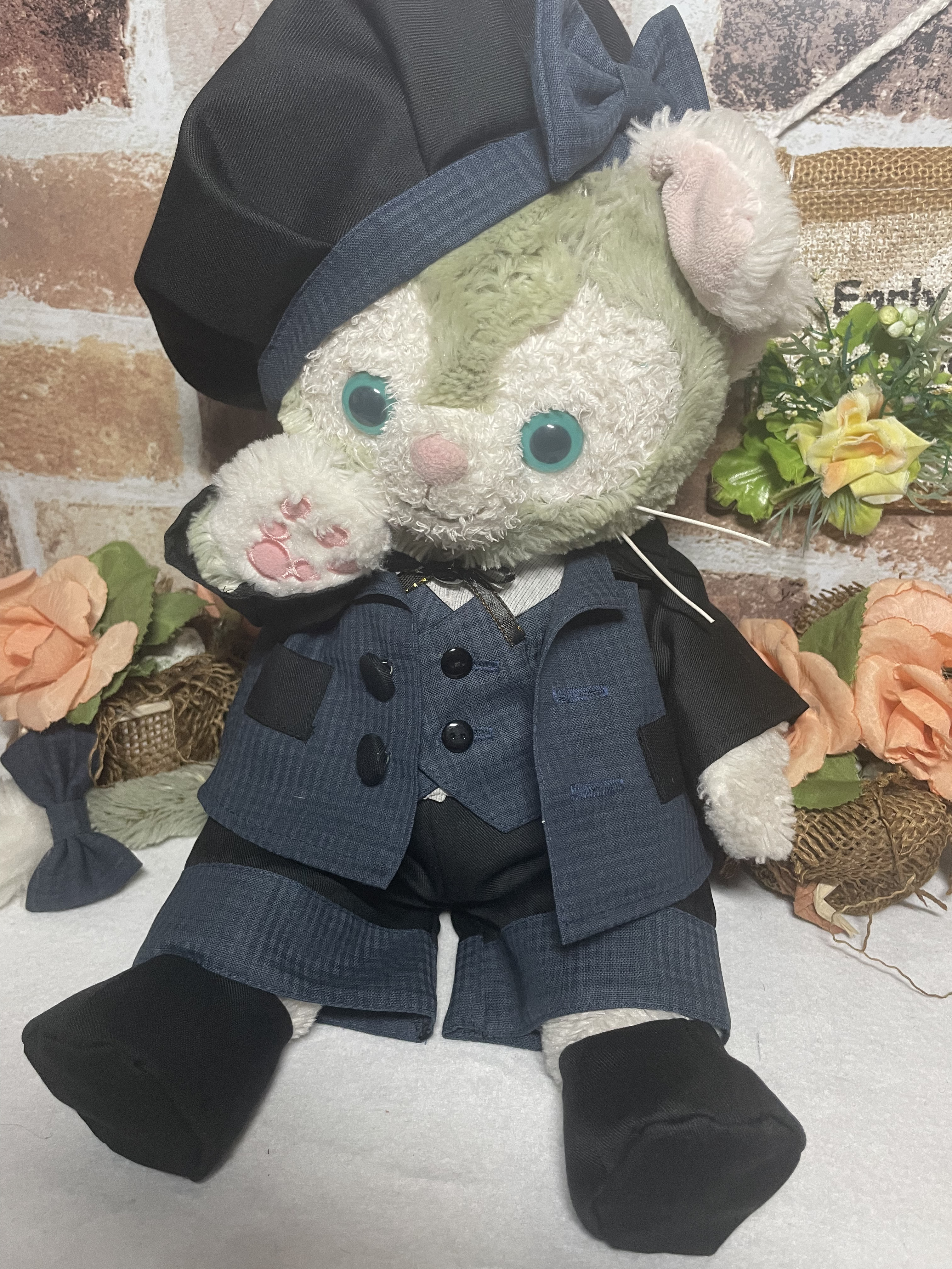 ☆ジェラトーニSサイズ☆ブルー系チェック　スーツ９点コスチューム☆リバーシブル帽子ぬいぐるみ