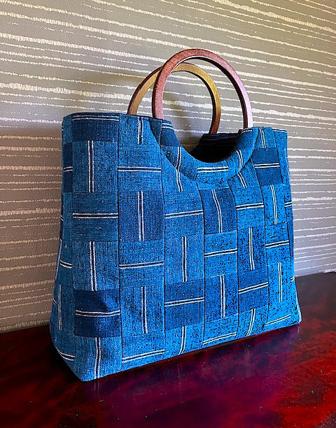 古布大縞の剥ぎ　手提丸い木の手【SALE中 20%OFF】