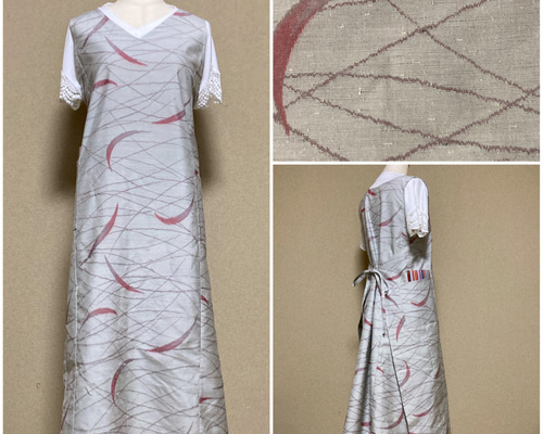 グレーに三日月柄正絹紬 4wayワンピースエプロン チュニック