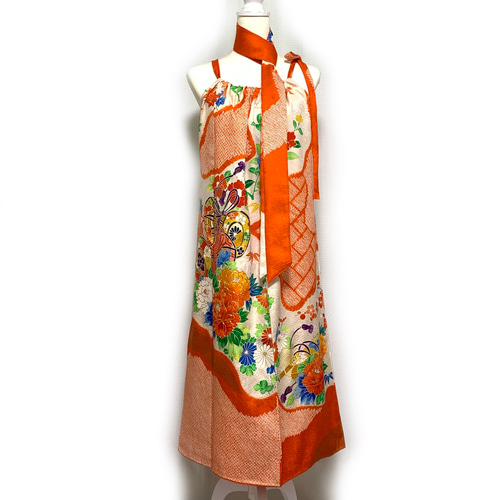 極上【正絹】着物リメイク 絞りと駒刺繍の振袖ドレス／キャミ