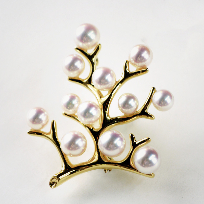 ルミナ 4-5.5mm アコヤ高品質天然海水真珠ブローチ、18K ゴールド、ラッキー ツリー シリーズ、絶妙でエレガント、あらゆ