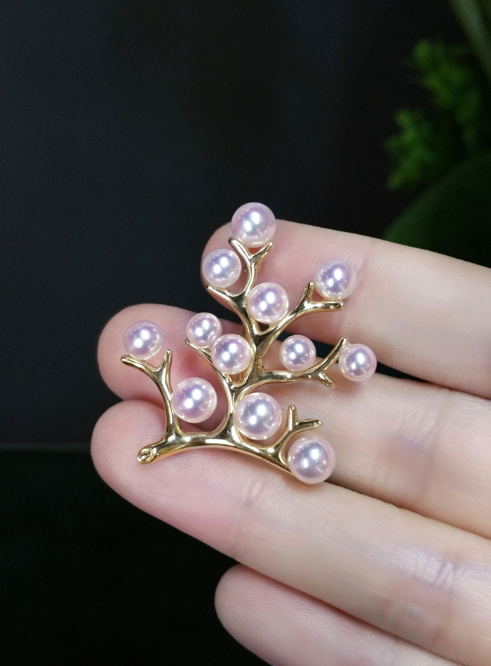 ルミナ 4-5.5mm アコヤ高品質天然海水真珠ブローチ、18K ゴールド、ラッキー ツリー シリーズ、絶妙でエレガント、あらゆ