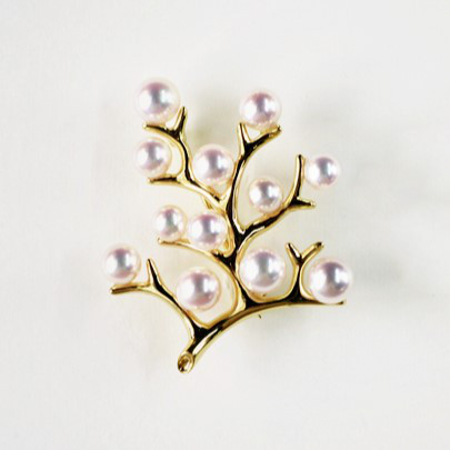 ルミナ 4-5.5mm アコヤ高品質天然海水真珠ブローチ、18K ゴールド、ラッキー ツリー シリーズ、絶妙でエレガント、あらゆ