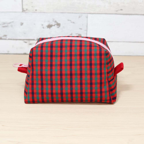 ファミリア風 赤チェック × 花柄 台形ポーチ コスメポーチ 化粧ポーチ