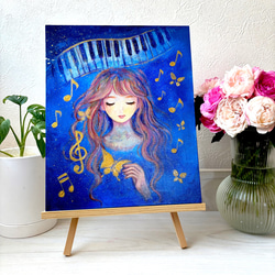 花束と天使のアクリル画 原画　癒しのインテリア テクスチャーアート 花束と天使のアクリル画 原画（240×240mm）／癒しのインテリア