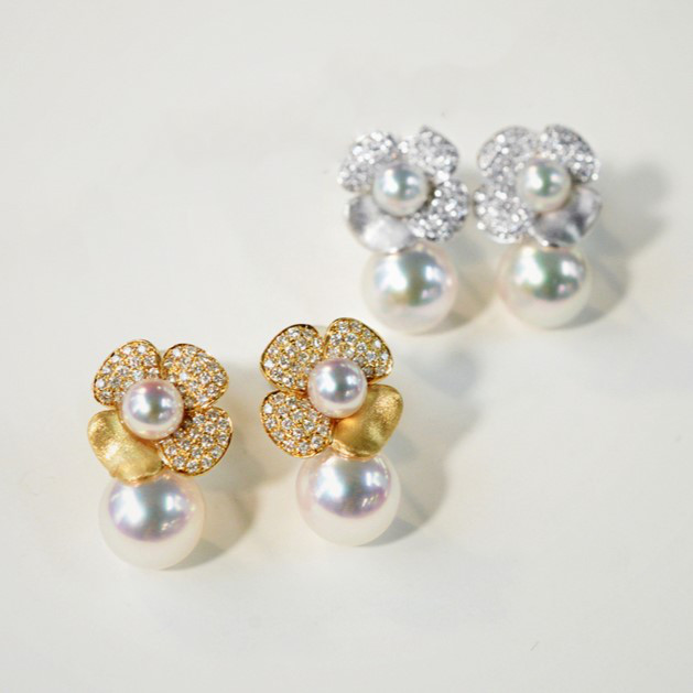ルミナ4.5-8mmの日本製アコヤ真珠イヤリング。18Kゴールドとダイヤモンドをあしらいました。パンジーコレクションはエレガント