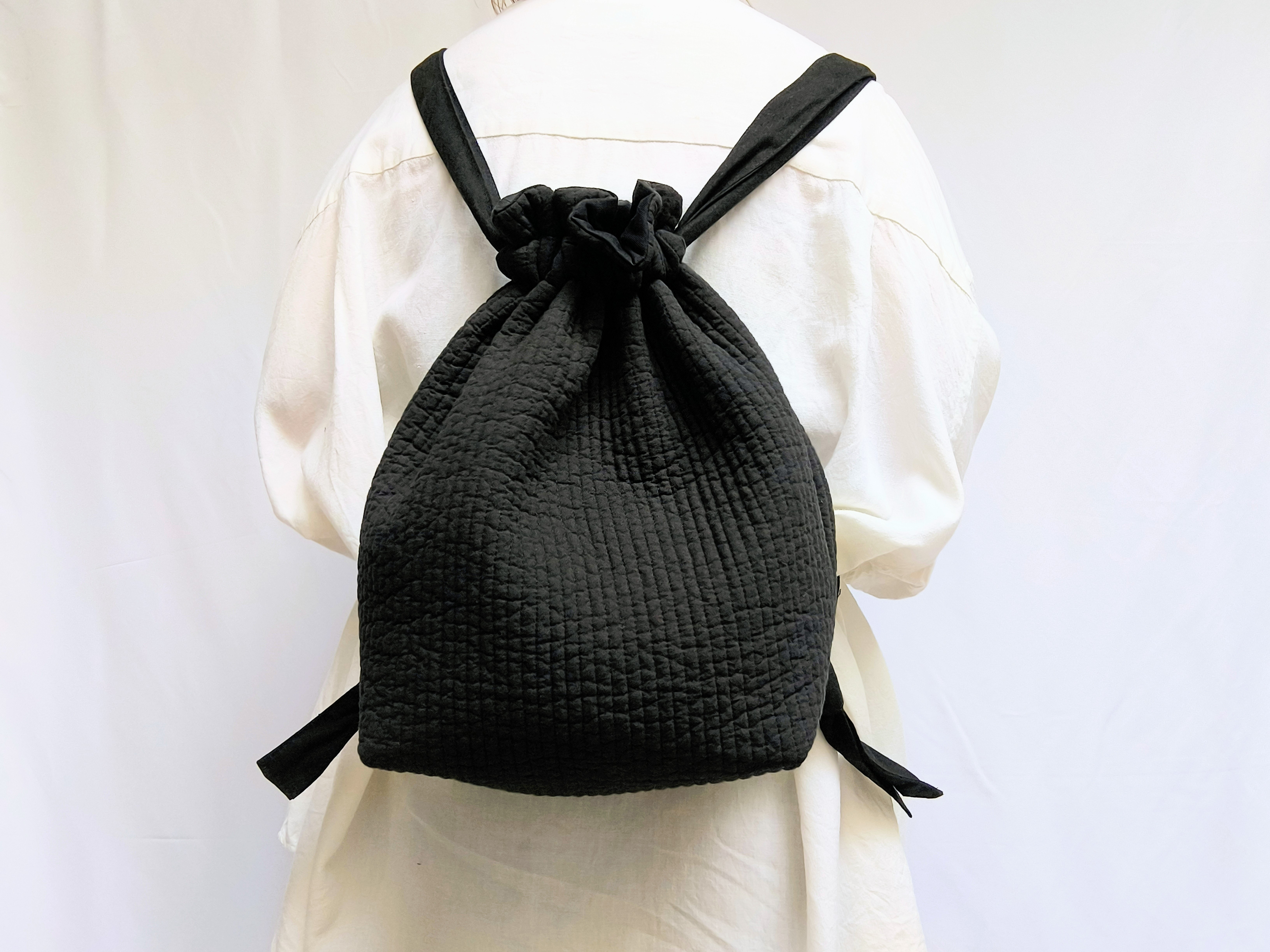 - イブルキルト × 帆布 - 3way kinchaku sack【ブラック】リュック・トート・ショルダー