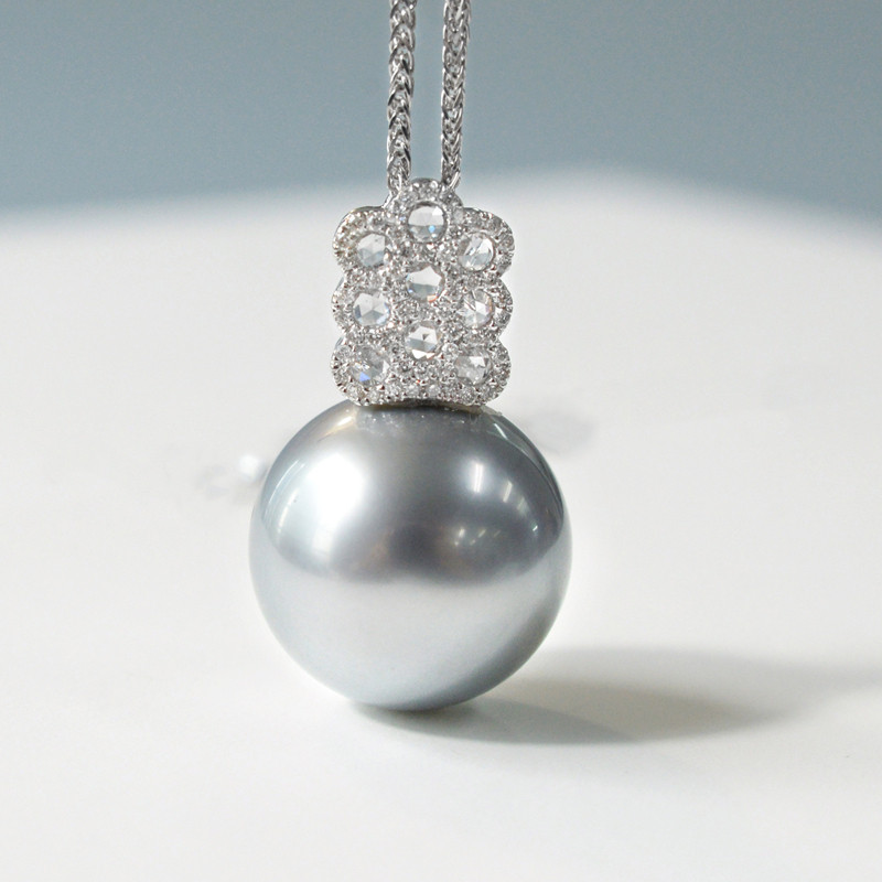 ルミナ 13-14mm タヒチアングレープラチナパールネックレス 18Kホワイトゴールドダイヤモンド 高級ペンダント フロストシ