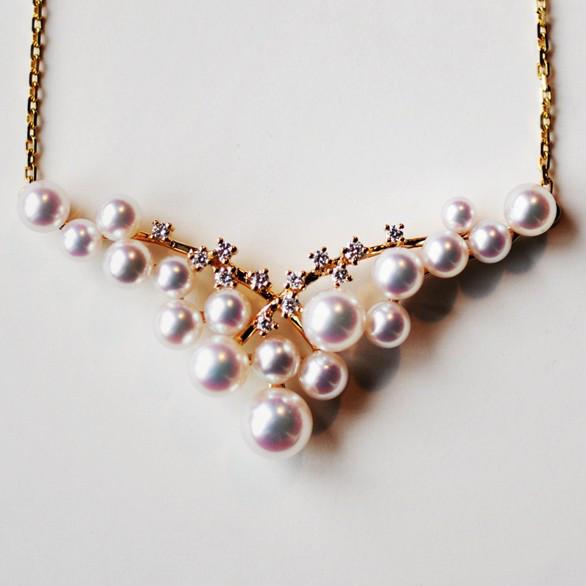 ルミナ 18Kゴールド ダイヤモンドペンダント 3-6.5mm アコヤ天然海水真珠ネックレス ラージVシリーズ エレガントで魅力