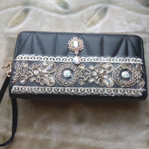 長財布♥ハンドメイド インドビーズ刺繍 キラキラ雫パーツ☆彡フェアお