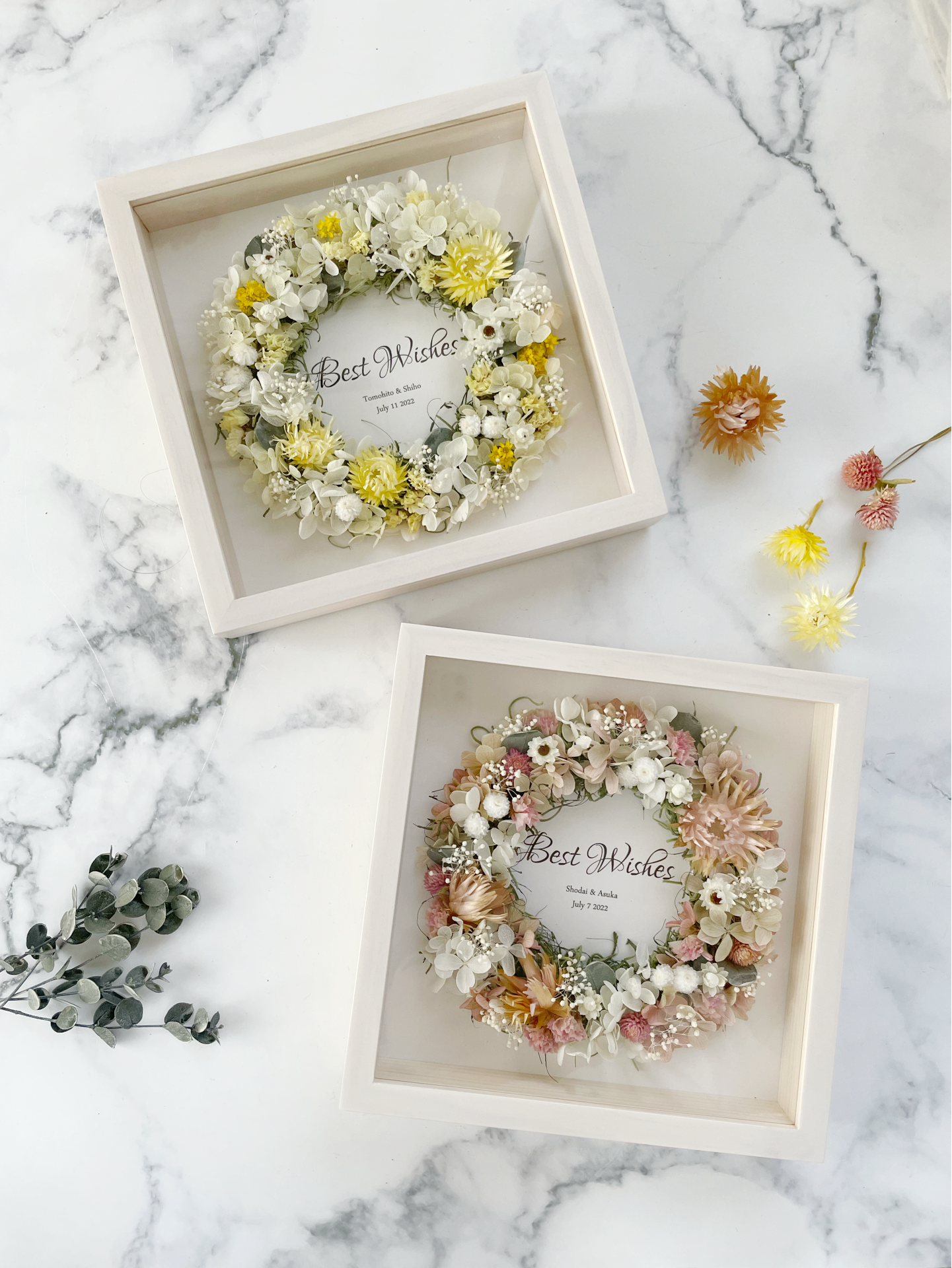 2枚セット｜名入れ可&選べるカラーのドライフラワーフレームリース