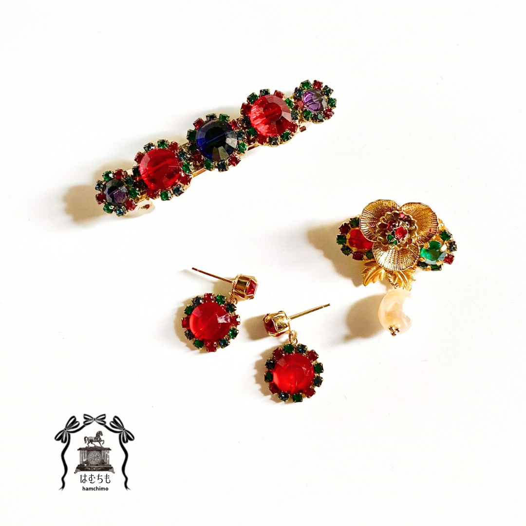 ヴィンテージビジューバレッタ　赤&深紫　ブローチ　ピアス　　セット