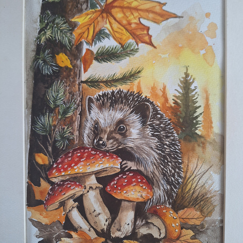 水彩画 キノコとハリネズミ 絵画 makochin 通販 19848340｜Creema