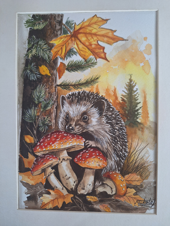 ハリネズミ　油彩画　原画 水彩画 キノコとハリネズミ 絵画 makochin 通販 19848340｜Creema