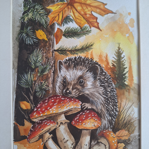 水彩画 キノコとハリネズミ 絵画 makochin 通販 19848340｜Creema