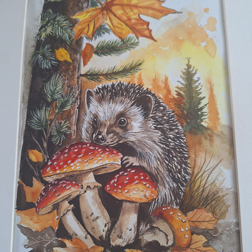 水彩画 キノコとハリネズミ 絵画 makochin 通販 19848340｜Creema