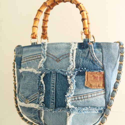 デニムフリンジパッチバンブートートバッグ デニムリメイク
