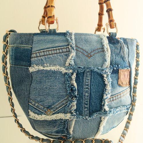 デニムフリンジパッチバンブートートバッグ デニムリメイク