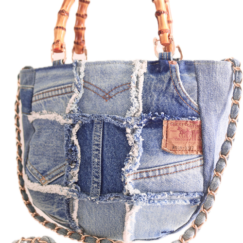 デニムフリンジパッチバンブートートバッグ デニムリメイク リーバイス
