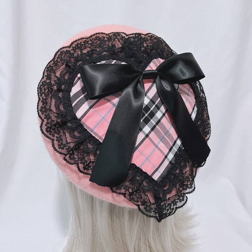 ハート ベレー帽 タータンチェック ピンク 黒 ロリィタ 地雷 量産