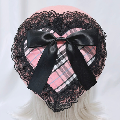 ハート ベレー帽 タータンチェック ピンク 黒 ロリィタ 地雷 量産