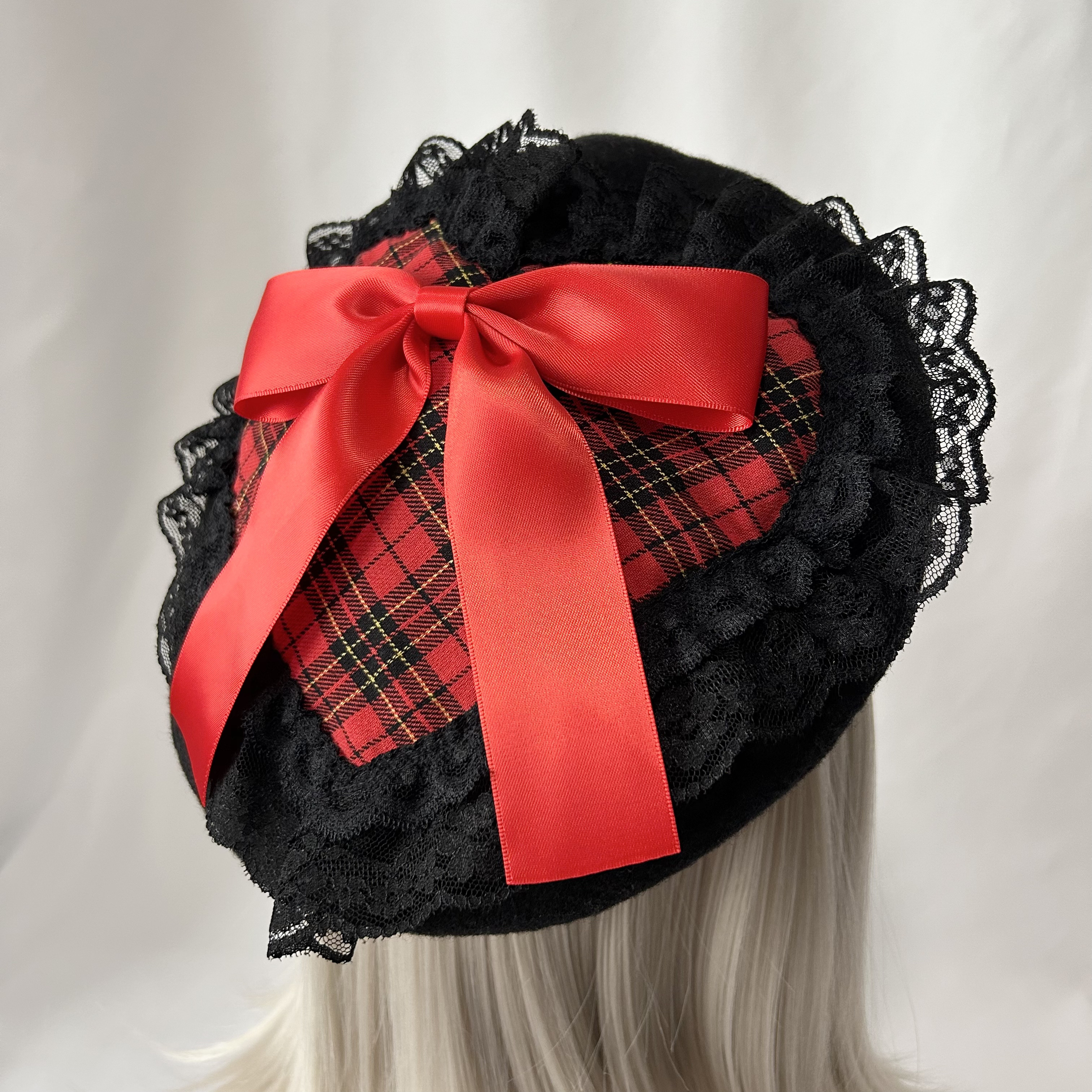 ハート ベレー帽 タータンチェック ブラック 黒レース ロリィタ