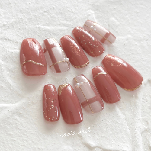 くすみローズピンクのチェックネイル ネイルチップ ネイルチップ（つけ