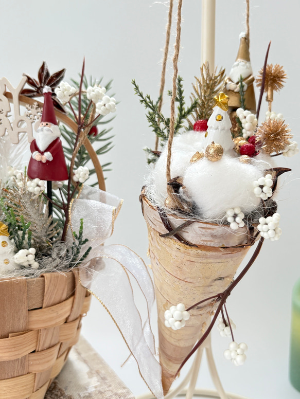 森のサンタ・バスケット＆コーン SET （アーティシャルフラワー／造花／ドライフラワー） クリスマス雑貨 ～光触媒加工～ 7枚目の画像