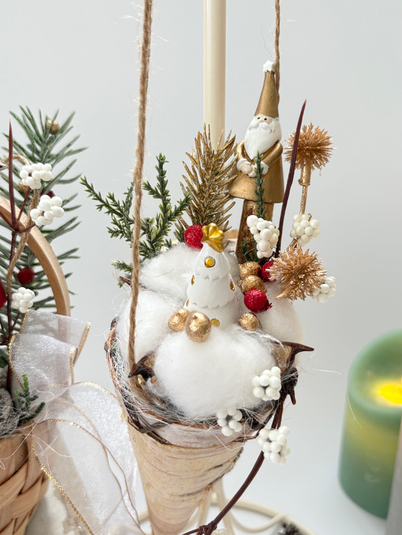 森のサンタ・バスケット＆コーン SET （アーティシャルフラワー／造花／ドライフラワー） クリスマス雑貨 ～光触媒加工～ 6枚目の画像