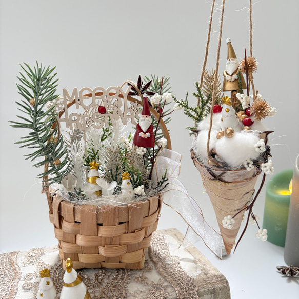 森のサンタ・バスケット＆コーン SET （アーティシャルフラワー／造花／ドライフラワー） クリスマス雑貨 ～光触媒加工～ 1枚目の画像