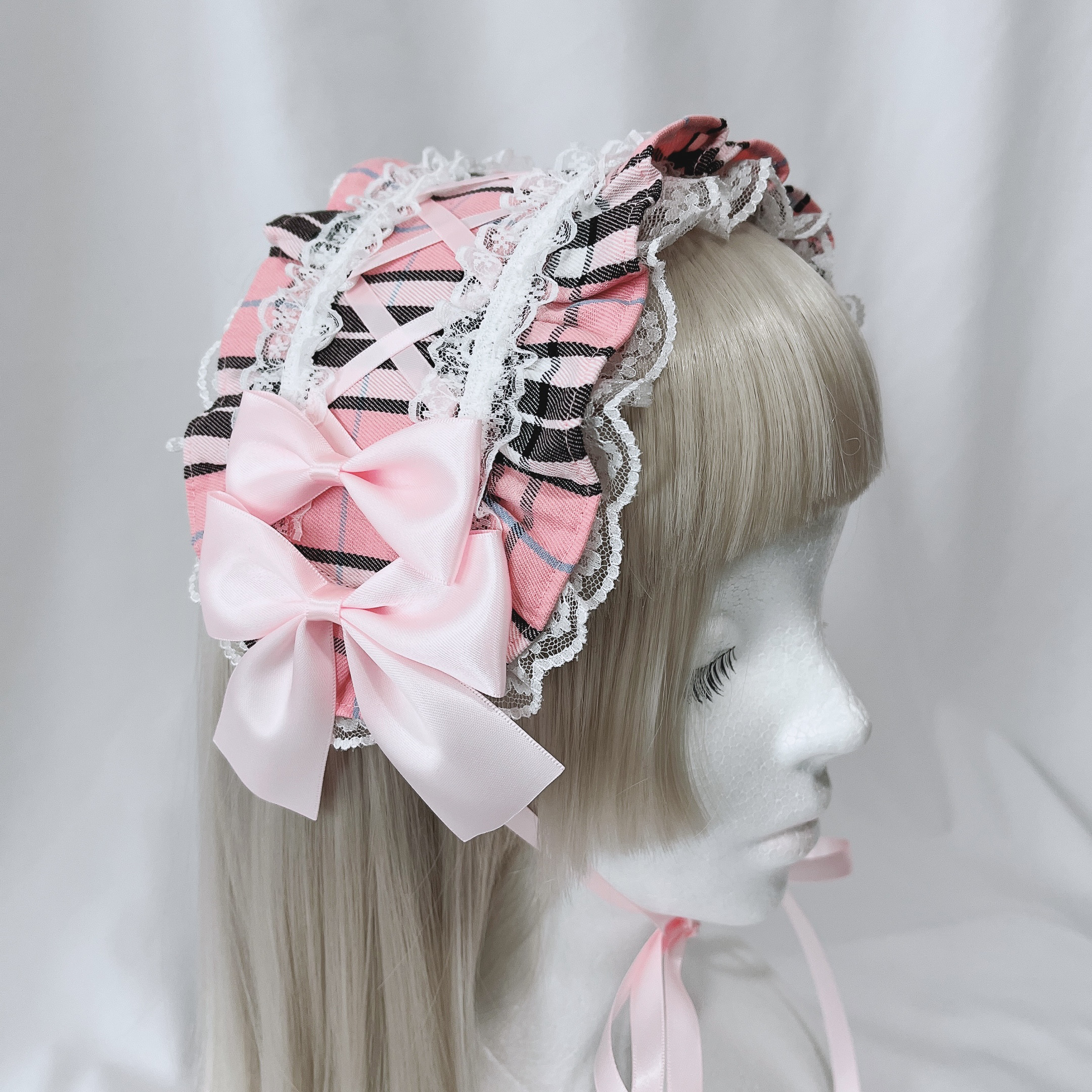 ヘッドドレス タータンチェック レースアップ　ピンク