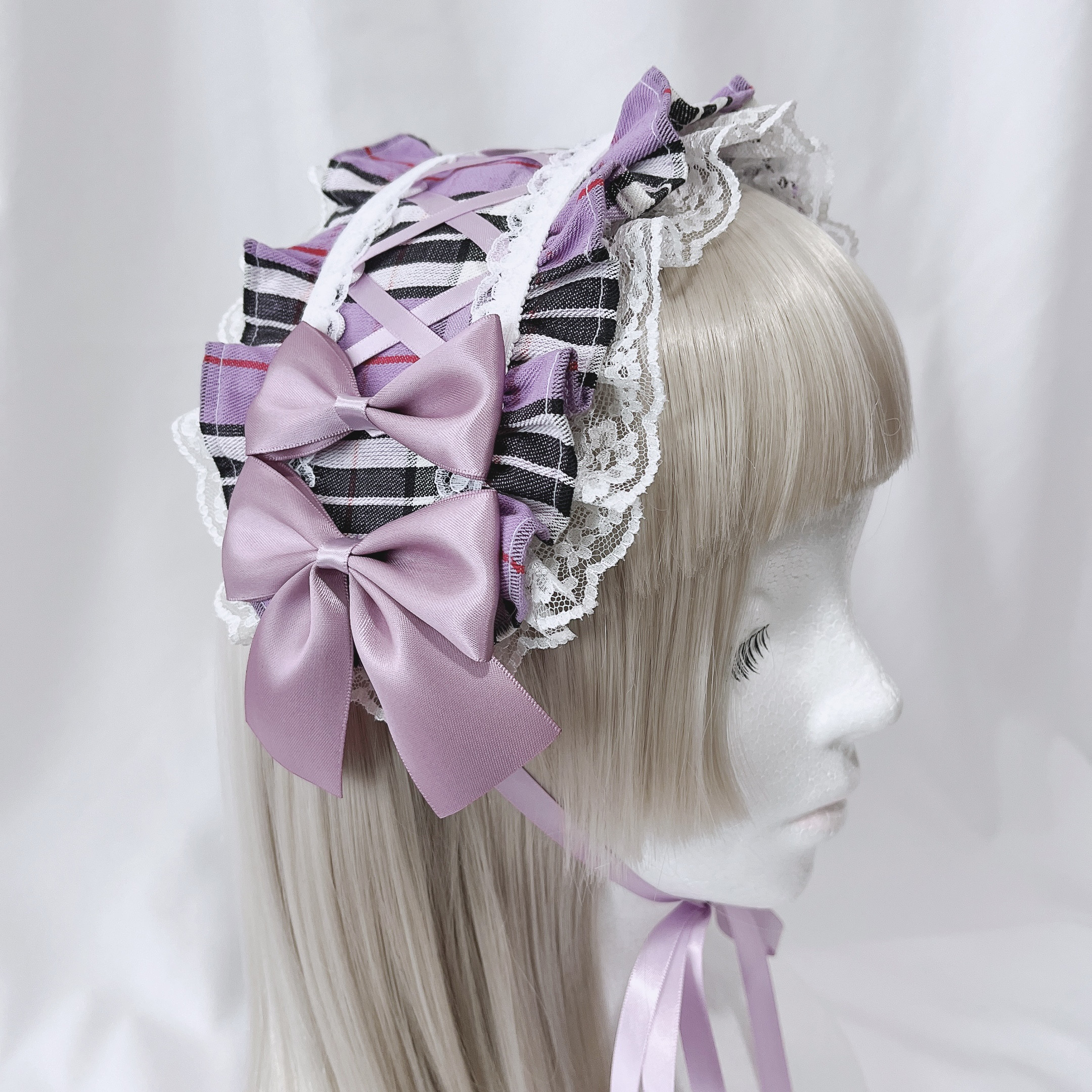 ヘッドドレス タータンチェック レースアップ　紫