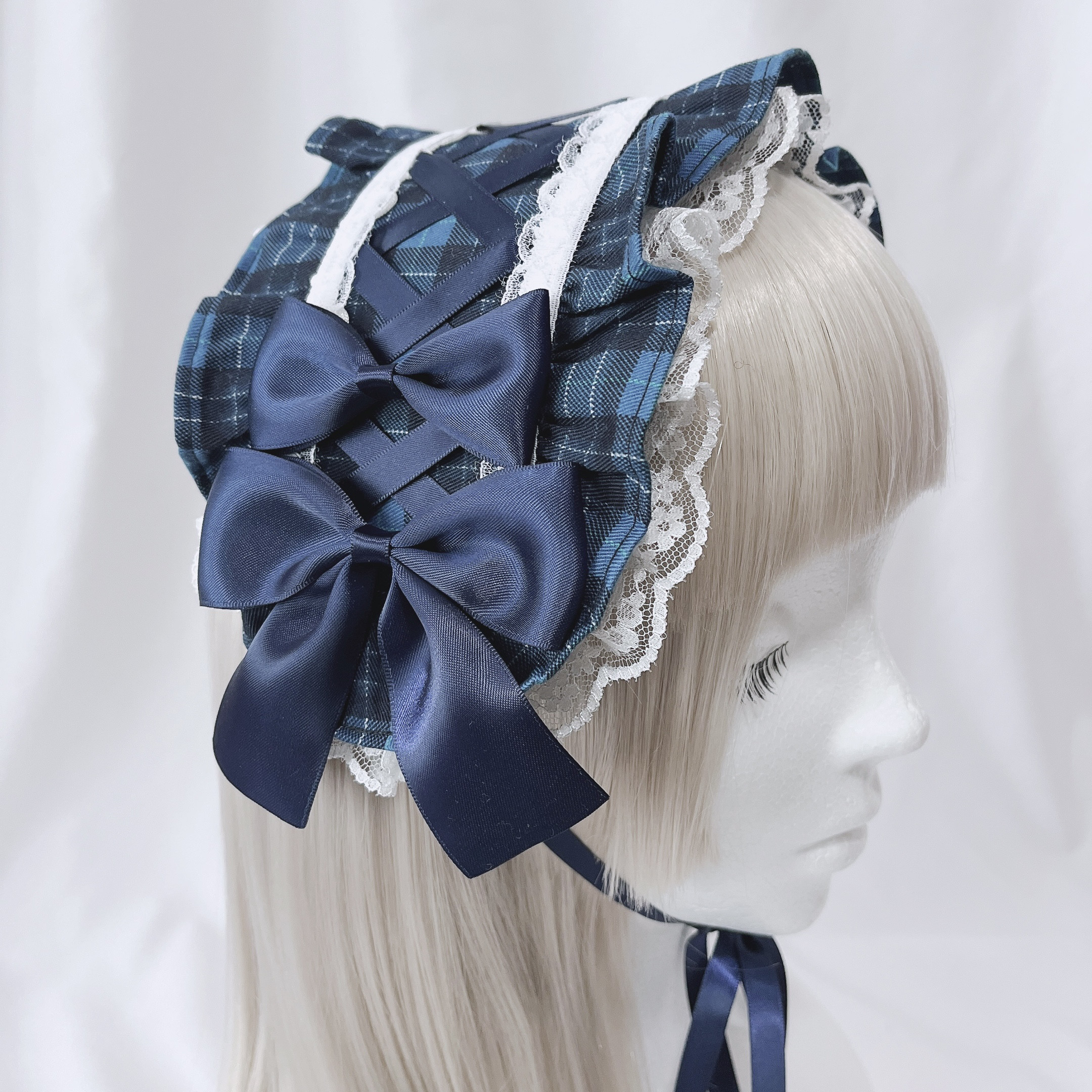 ヘッドドレス タータンチェック レースアップ　青
