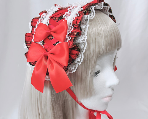 ヘッドドレス タータンチェック レースアップ 赤 その他ファッション
