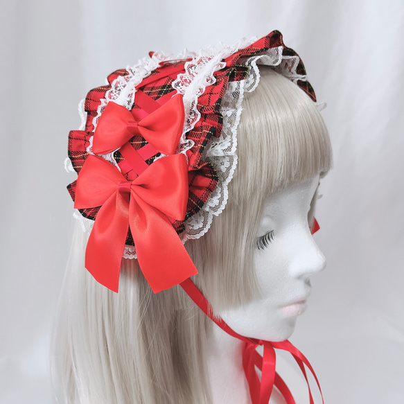 ヘッドドレス タータンチェック レースアップ 赤 その他ファッション
