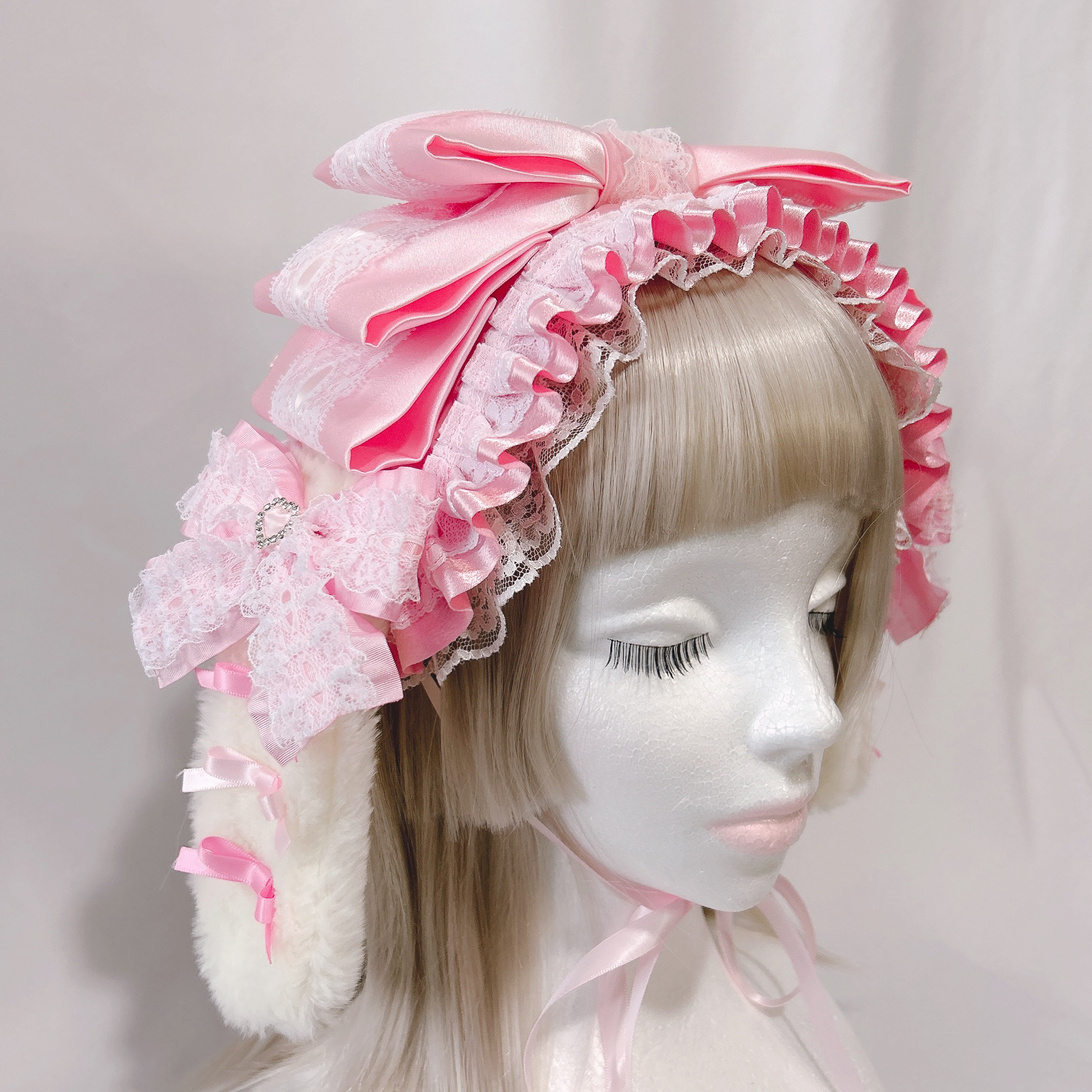ヘッドドレス　うさ耳　ピンク　ロリィタ　アニマル　ケモ耳　もふもふ　リボン